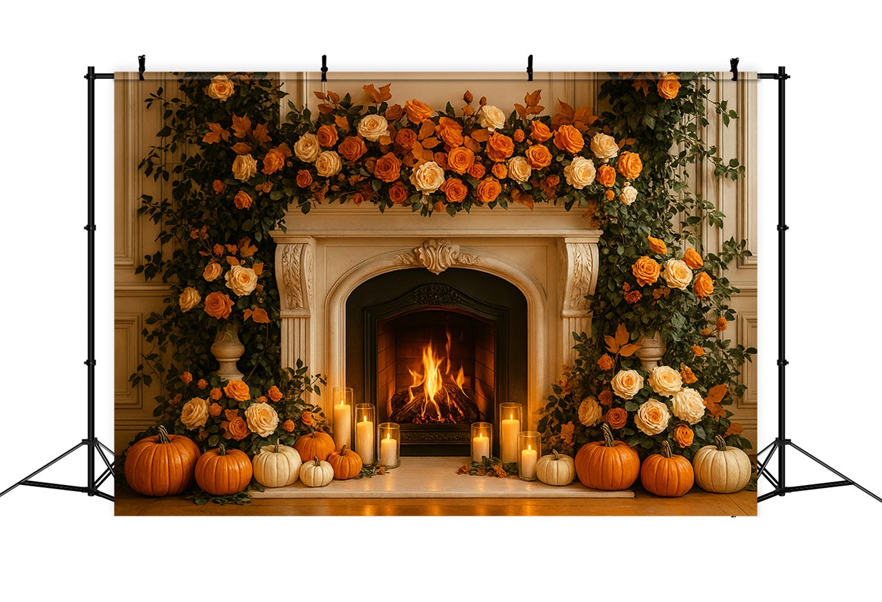 Fond d'automne Cheminée Roses Lueur des bougies Fond pour Thanksgiving LXX510-36