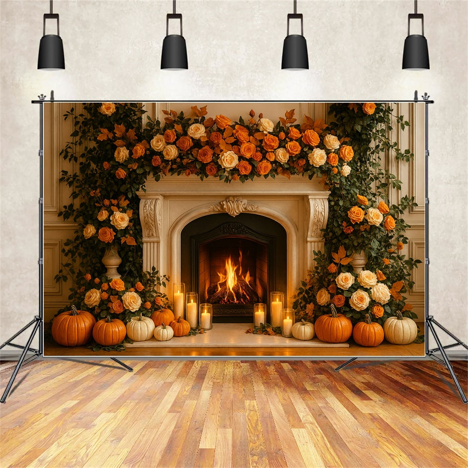 Fond d'automne Cheminée Roses Lueur des bougies Fond pour Thanksgiving LXX510-36