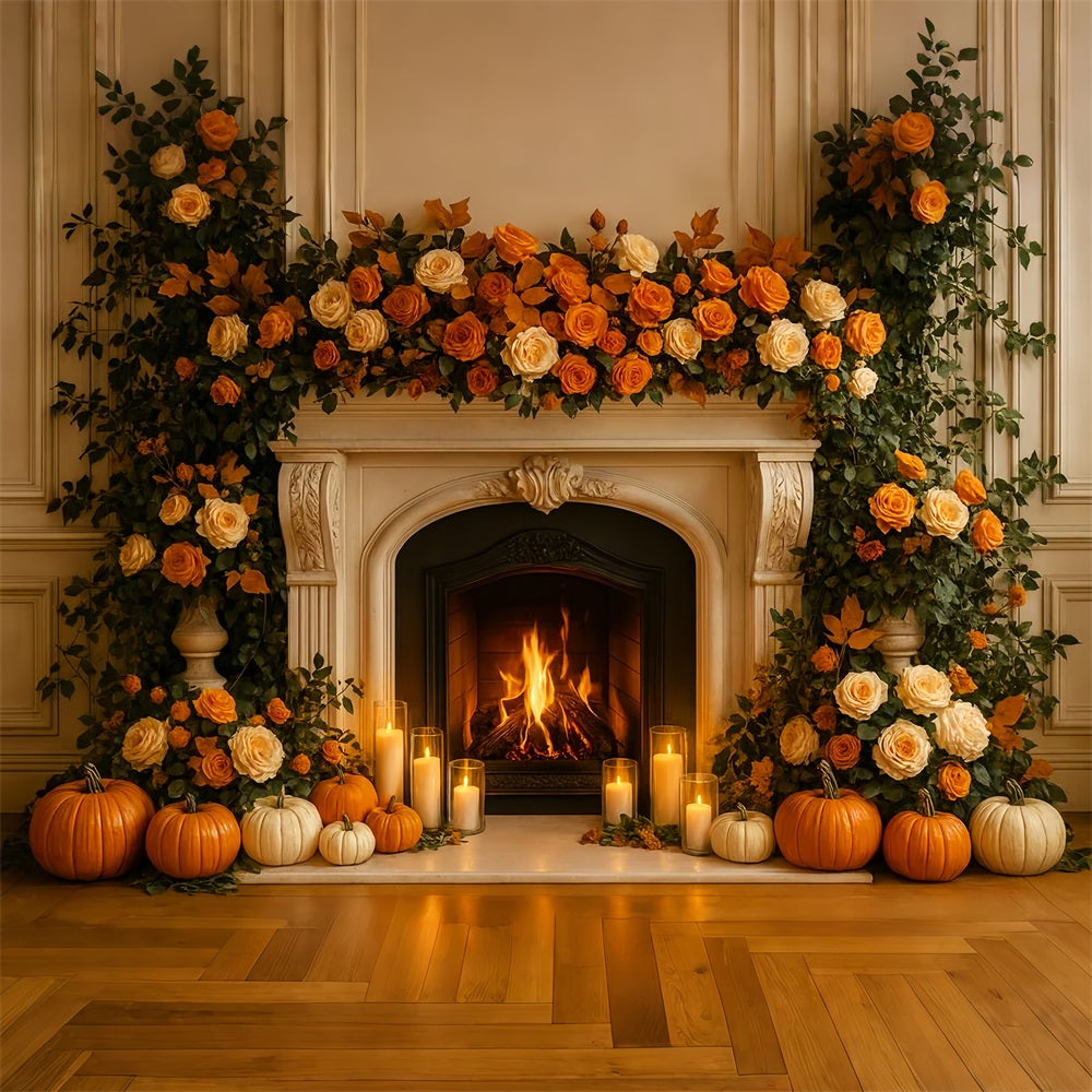 Fond d'automne Cheminée Roses Lueur des bougies Fond pour Thanksgiving LXX510-36