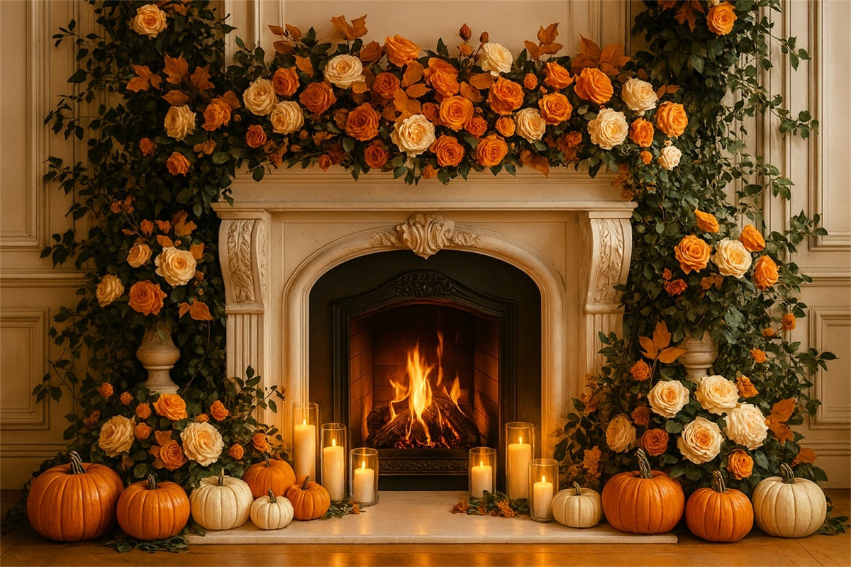 Fond d'automne Cheminée Roses Lueur des bougies Fond pour Thanksgiving LXX510-36