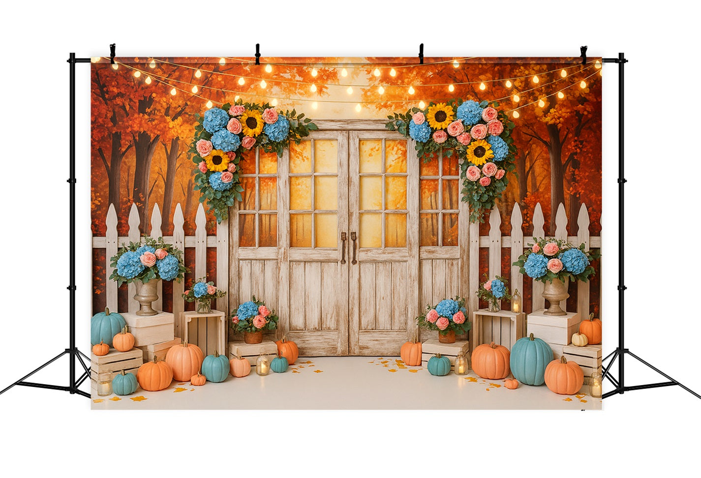 Fond d'automne Porte rustique Lumières florales Fond photo pour Thanksgiving LXX510-37