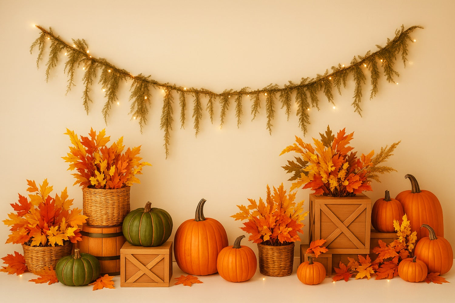 Fond citrouille Feuilles d'érable Arrangement chaleureux Fonds photo pour Thanksgiving LXX510-40