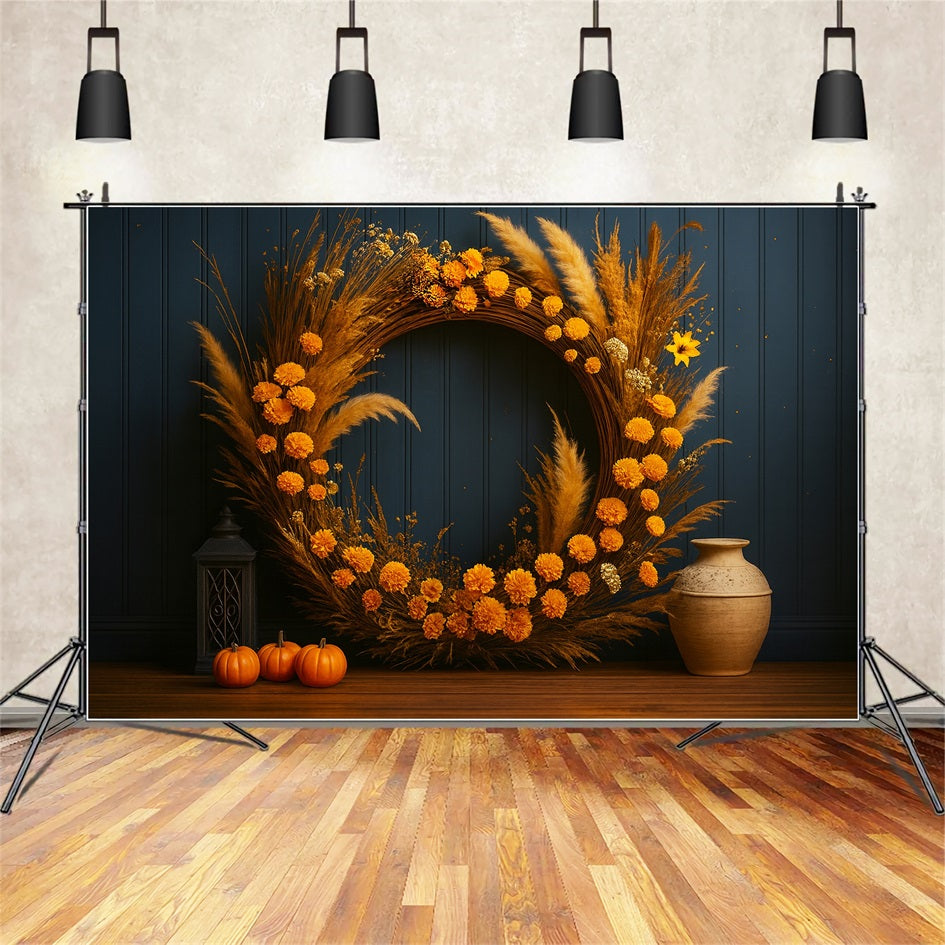 Fond avec citrouilles Couronne dorée Charme rustique Fond pour Thanksgiving LXX510-42