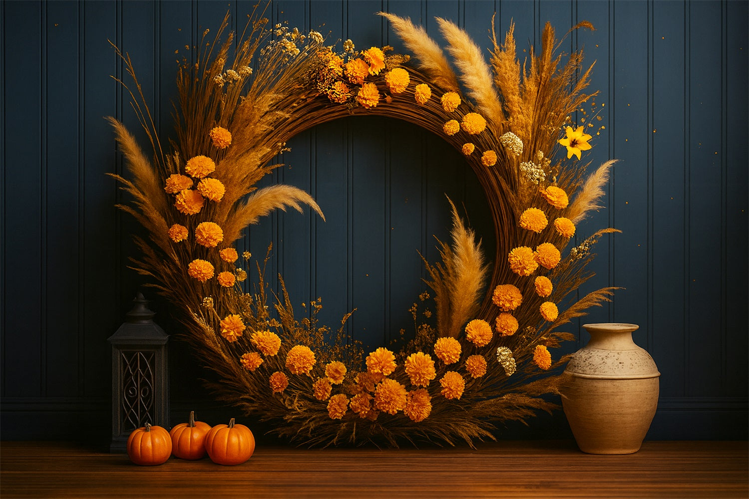 Fond avec citrouilles Couronne dorée Charme rustique Fond pour Thanksgiving LXX510-42