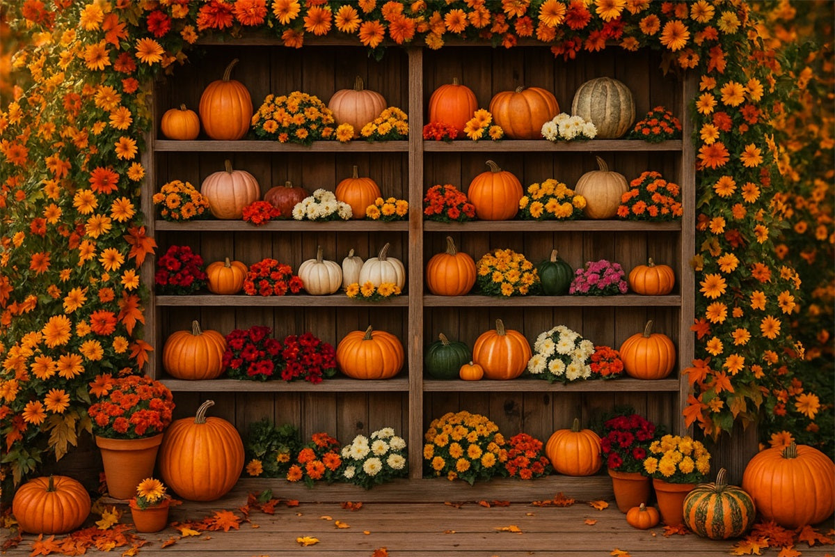 Fond de ferme Citrouilles en fleurs Étagère florale Fond photo Thanksgiving LXX510-49