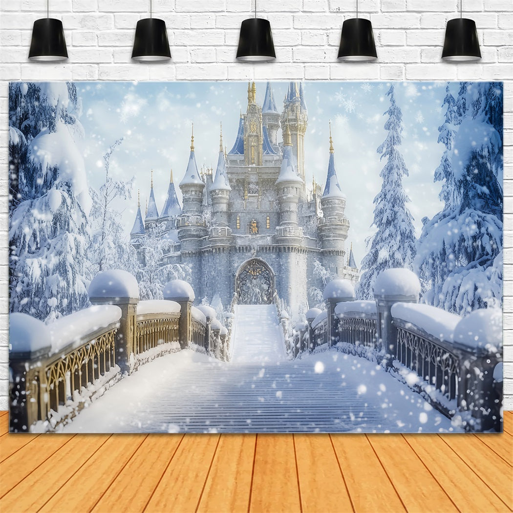 Fond Wonderland Château enneigé Pont Fond photographique hivernal fantastique LXX510-64