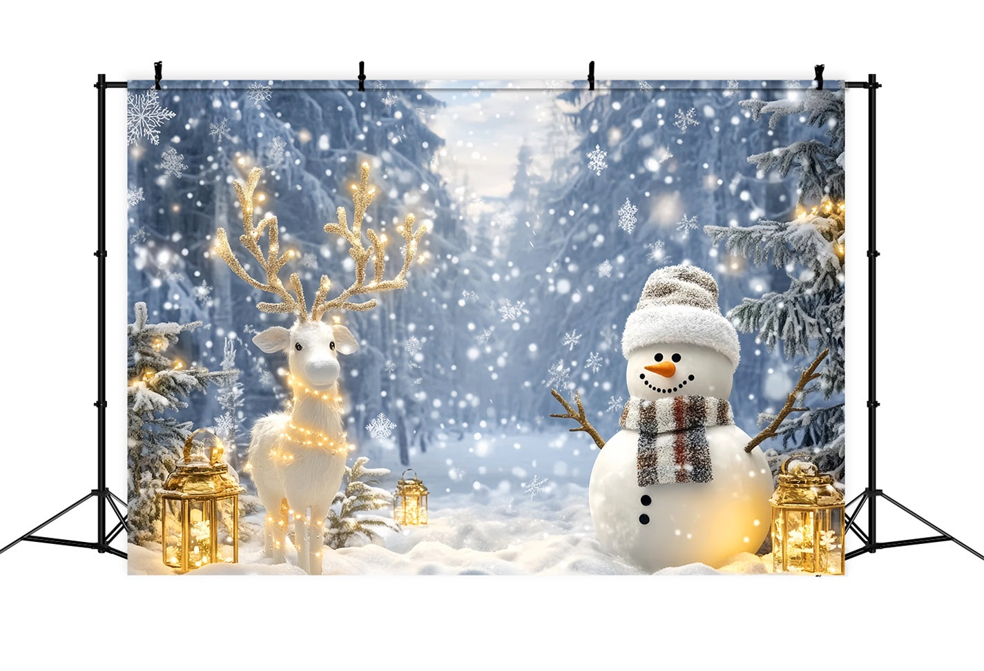 Fond Wonderland Bonhomme de neige Renne Forêt lumineuse Fond photographique hivernal LXX510-65