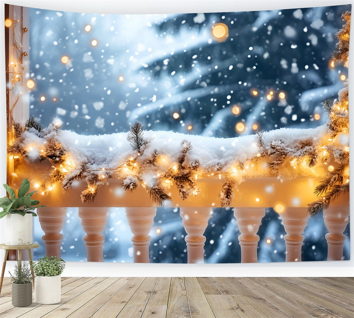 Fond neige hivernal Balcon enneigé Lumières dorées Fonds hivernaux LXX510-73