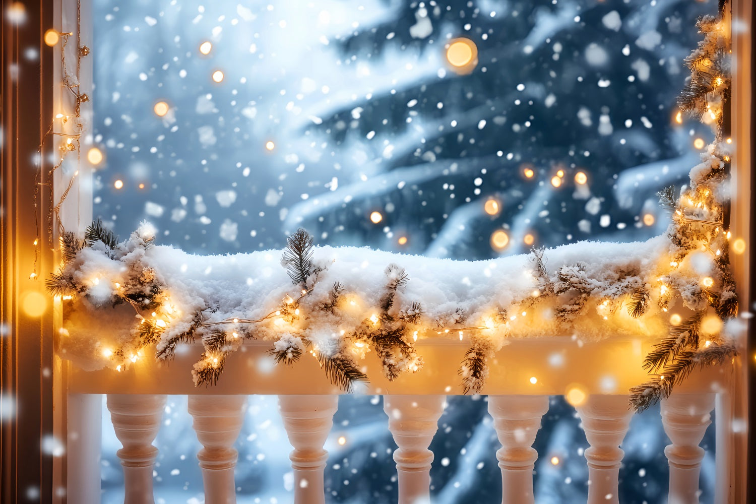 Fond neige hivernal Balcon enneigé Lumières dorées Fonds hivernaux LXX510-73