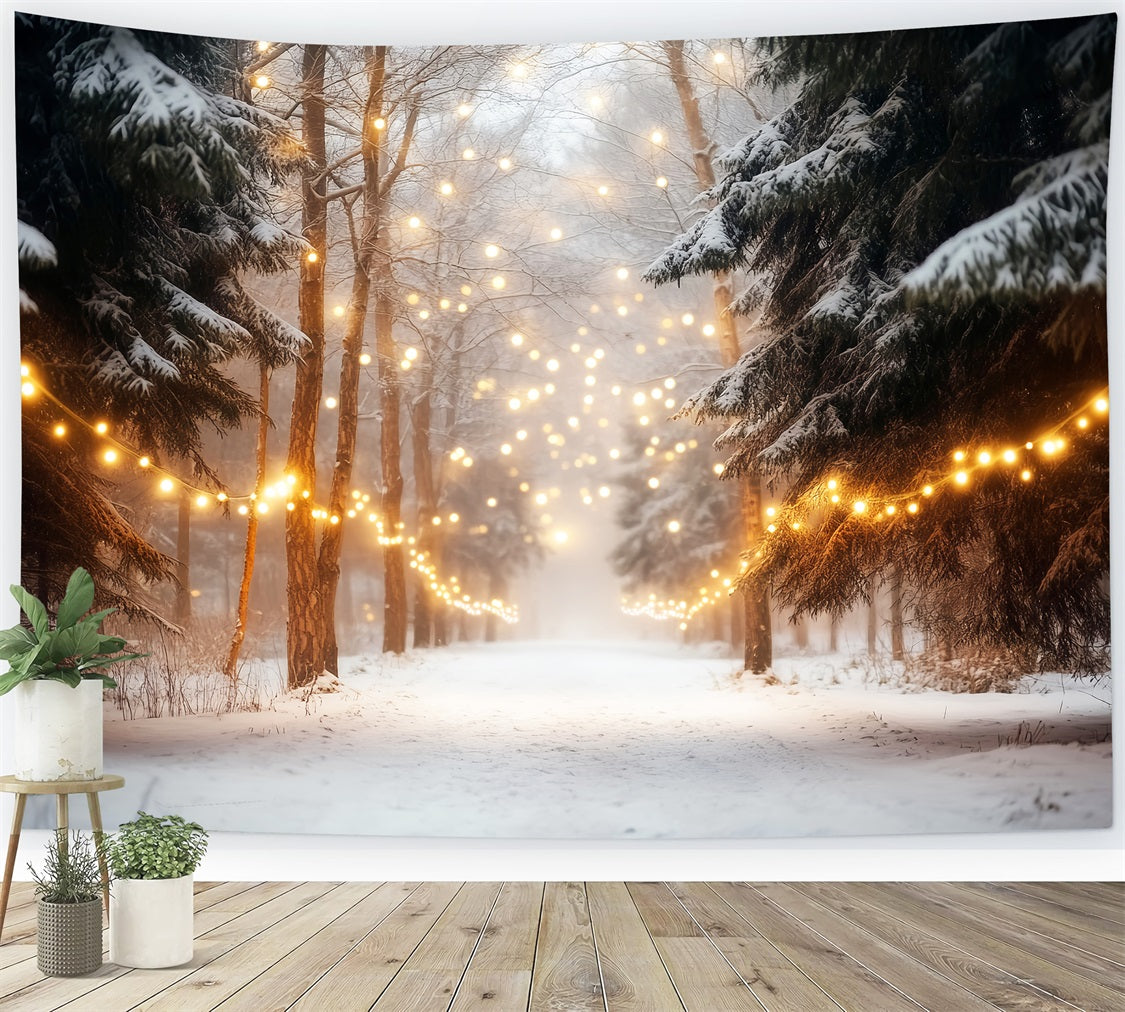 Fond d'hiver Forêt Forêt enneigée Guirlandes lumineuses Fonds photo d'hiver LXX510-75