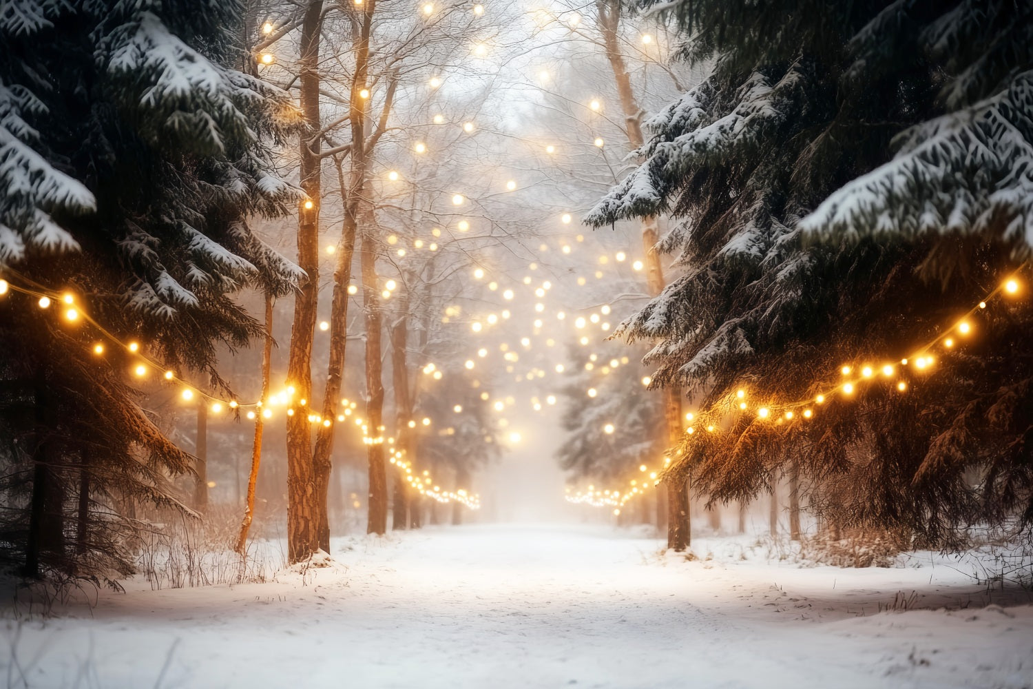 Fond d'hiver Forêt Forêt enneigée Guirlandes lumineuses Fonds photo d'hiver LXX510-75