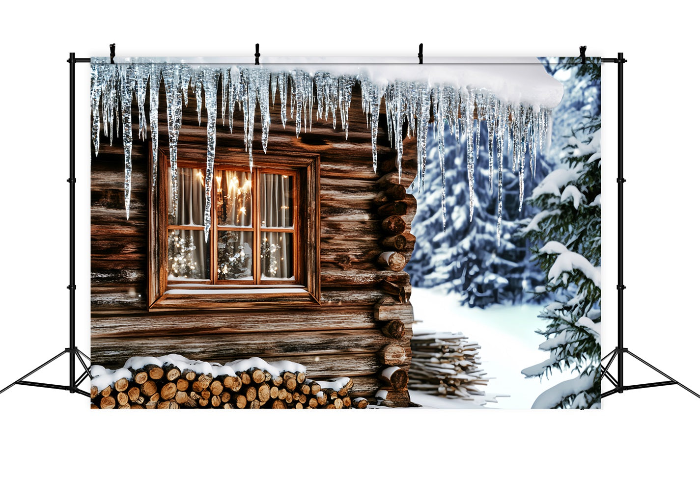 Fond photo hivernal Cabane confortable Fenêtre avec glaçons Fond hivernal LXX510-84