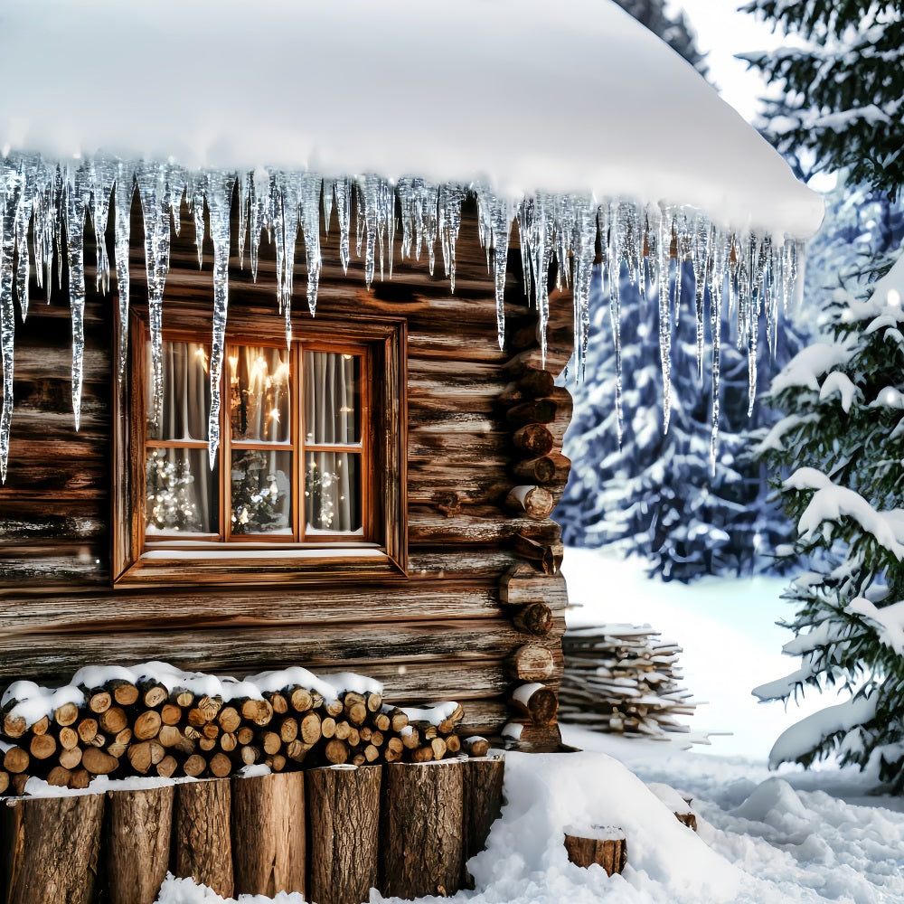 Fond photo hivernal Cabane confortable Fenêtre avec glaçons Fond hivernal LXX510-84