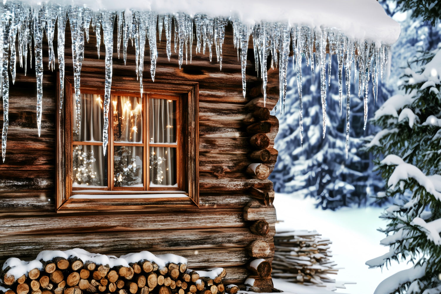 Fond photo hivernal Cabane confortable Fenêtre avec glaçons Fond hivernal LXX510-84