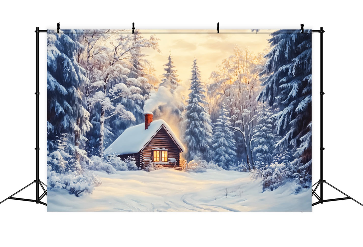 Fond hivernal féérique Cabane enneigée Forêt lumineuse Fonds photo hivernaux LXX510-85