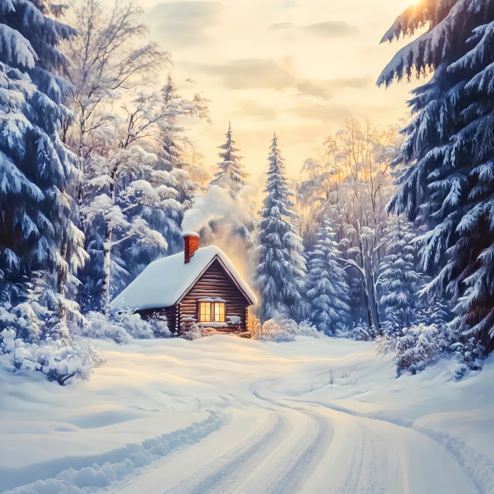 Fond hivernal féérique Cabane enneigée Forêt lumineuse Fonds photo hivernaux LXX510-85