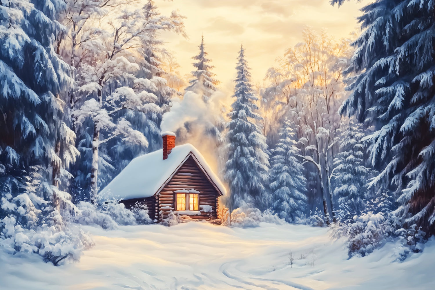 Fond hivernal féérique Cabane enneigée Forêt lumineuse Fonds photo hivernaux LXX510-85