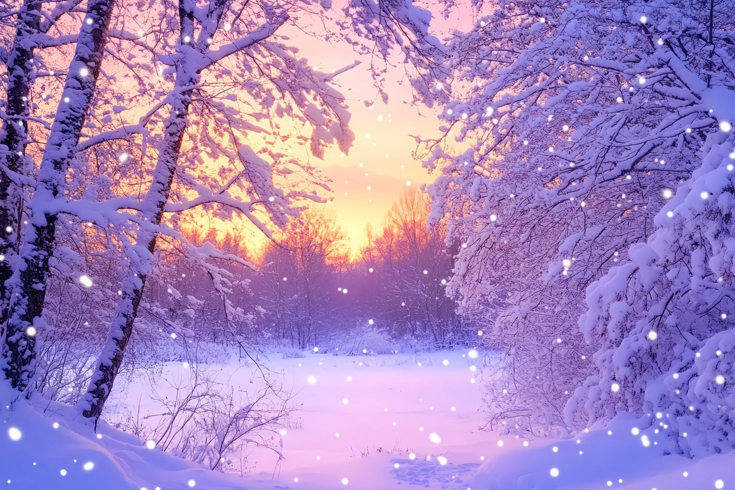 Fond hivernal féérique Fond rose lever de soleil Forêt enneigée Fond hivernal LXX510-92