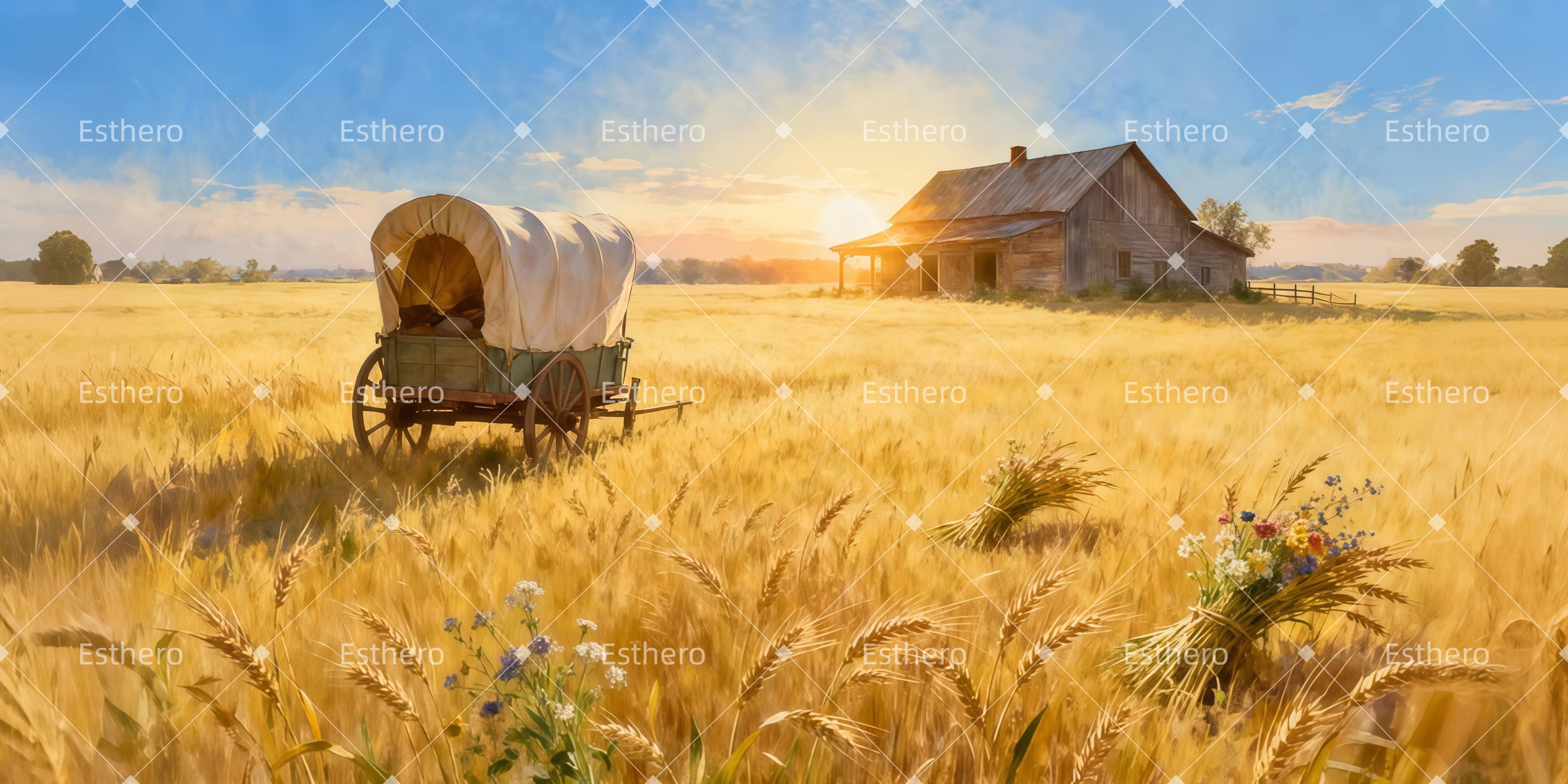 Toile de fond de Scene Ferme Au Lever Du Soleil LXX511-T34