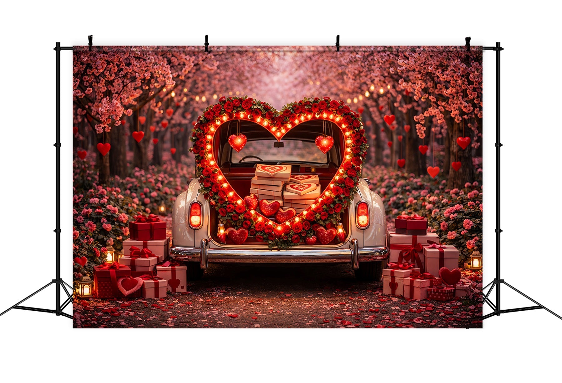 Fond de Valentine avec boîte cadeau coffre en forme de cœur et fleurs Fond avec cœur en roses rouges LXX512-100