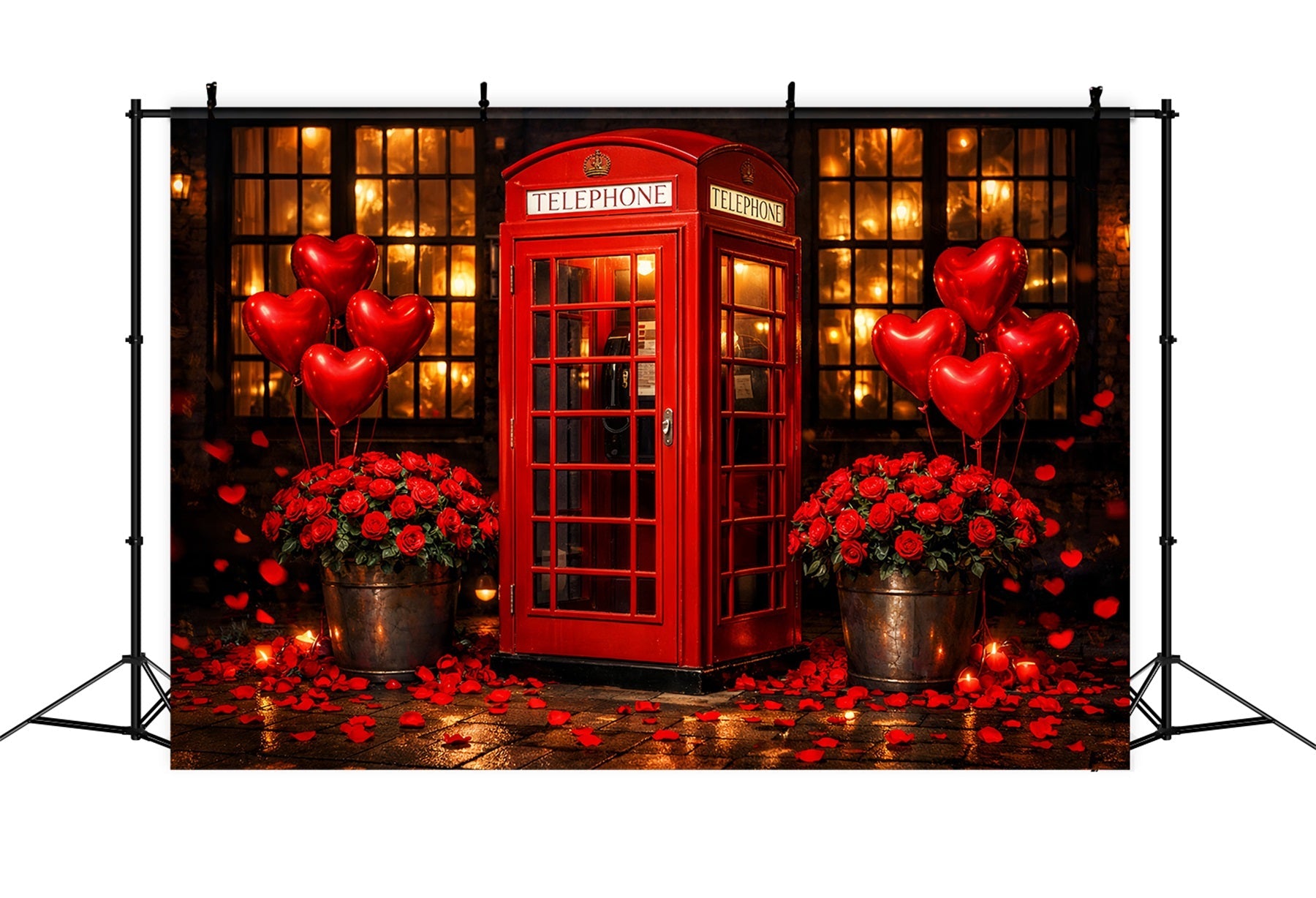 Fond avec ballons en forme de cœur cabine téléphonique rouge et roses rouges LXX512-101