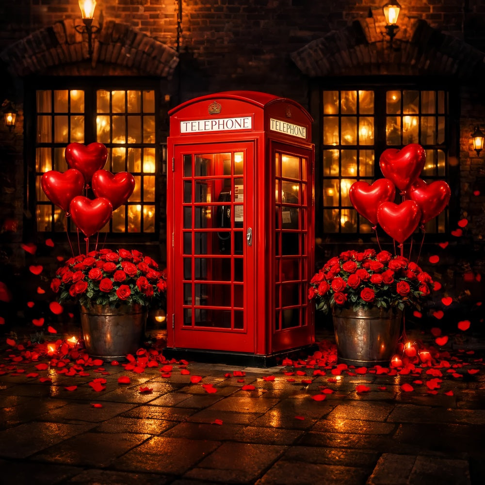 Fond avec ballons en forme de cœur cabine téléphonique rouge et roses rouges LXX512-101