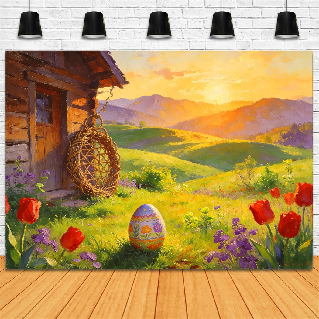 Fond chasse aux œufs de Pâques Cottage peint Lever du soleil Prés Fond tulipes LXX512-106