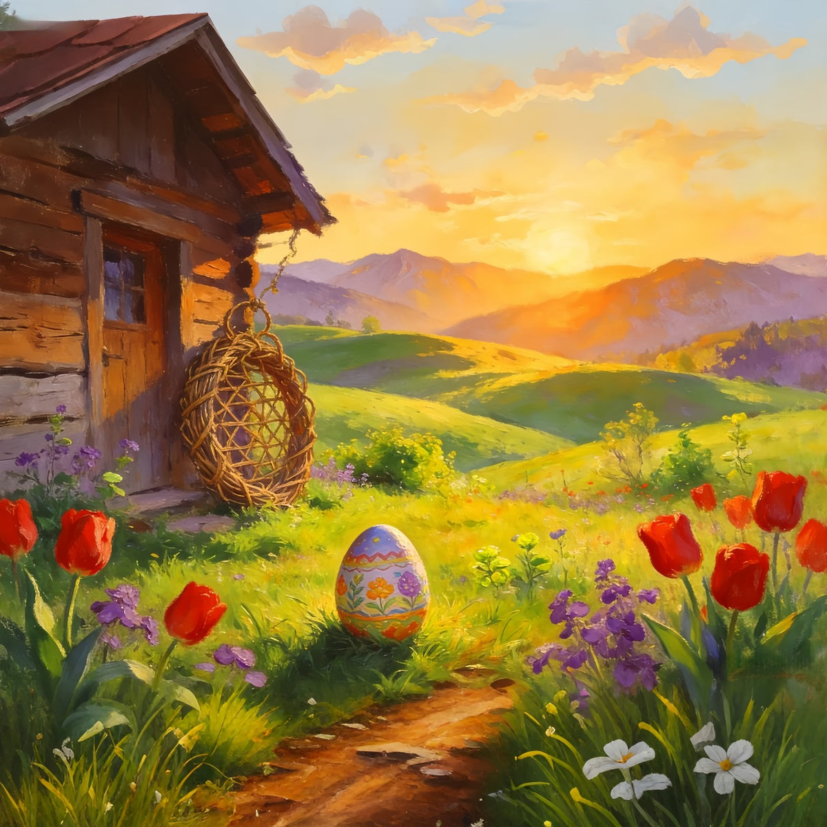 Fond chasse aux œufs de Pâques Cottage peint Lever du soleil Prés Fond tulipes LXX512-106