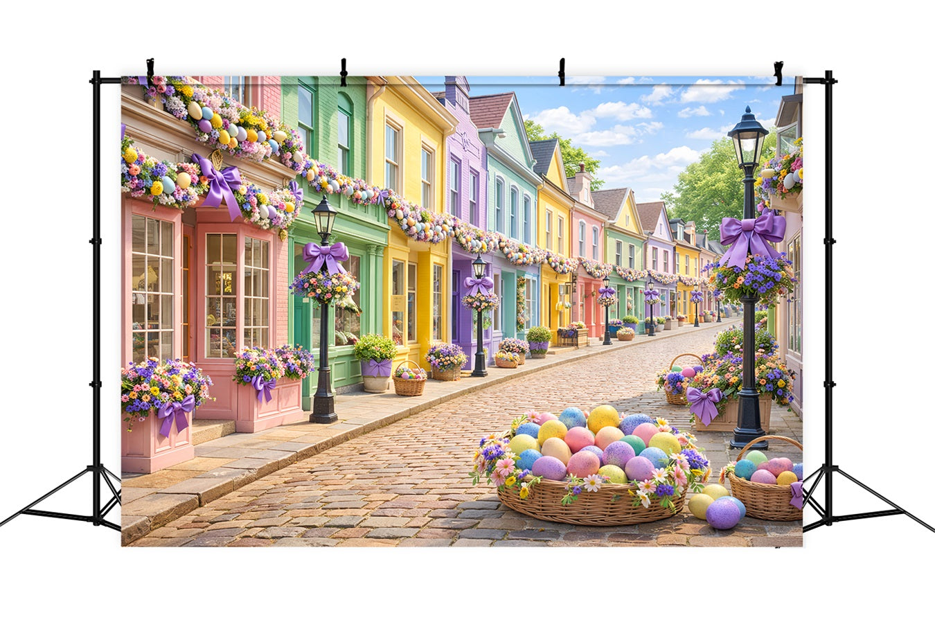 Fond panier de Pâques Village pastel Fond photo de Pâques rue LXX512-107