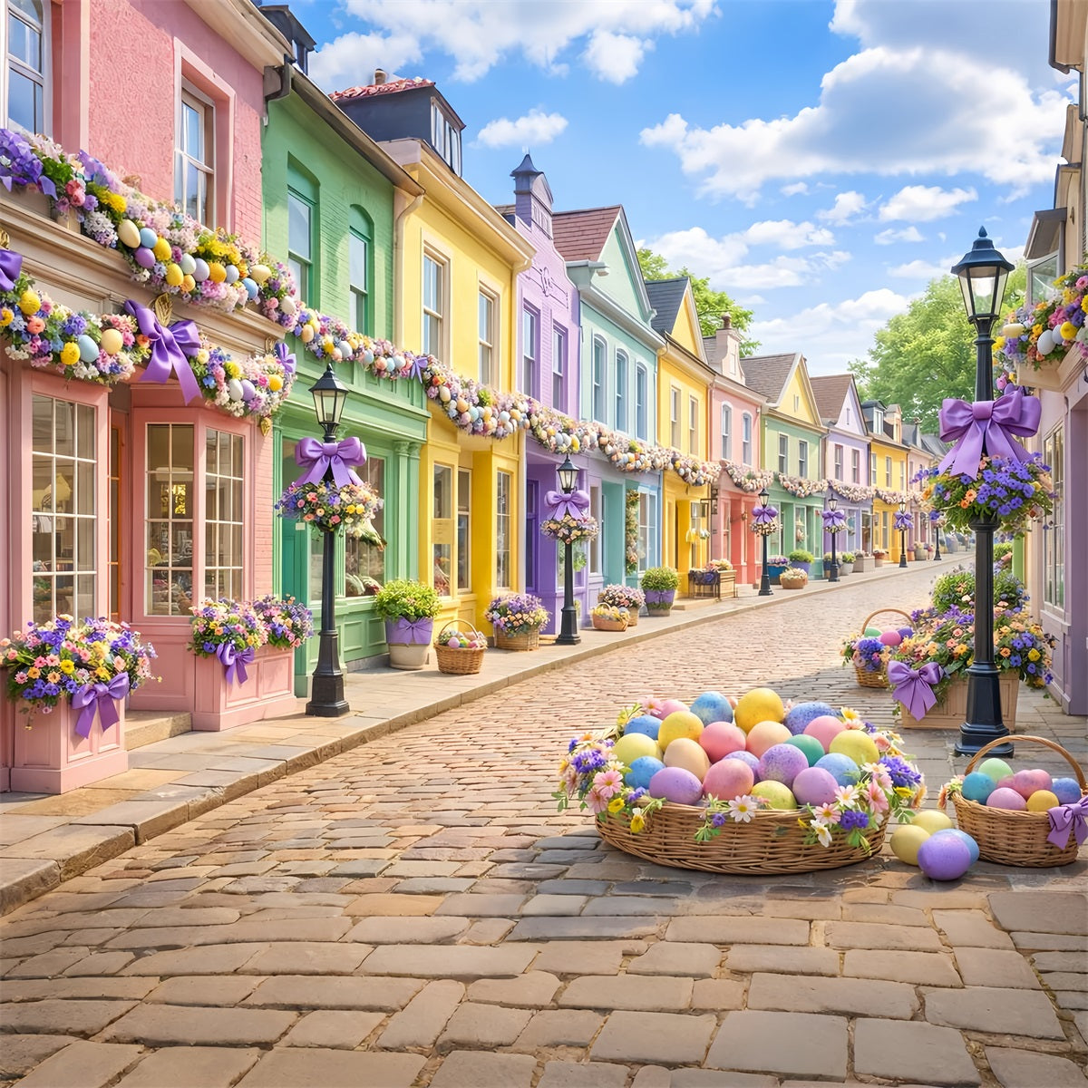 Fond panier de Pâques Village pastel Fond photo de Pâques rue LXX512-107