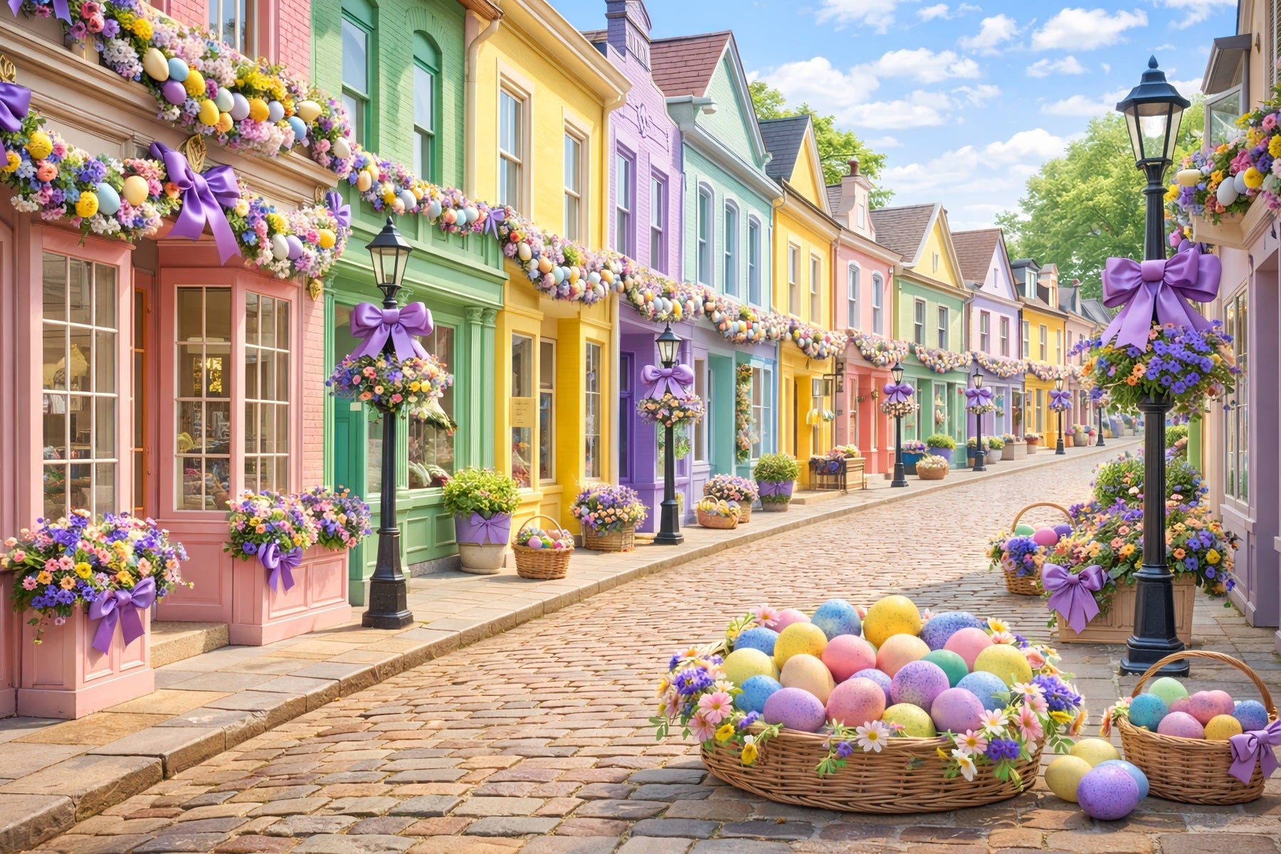 Fond panier de Pâques Village pastel Fond photo de Pâques rue LXX512-107
