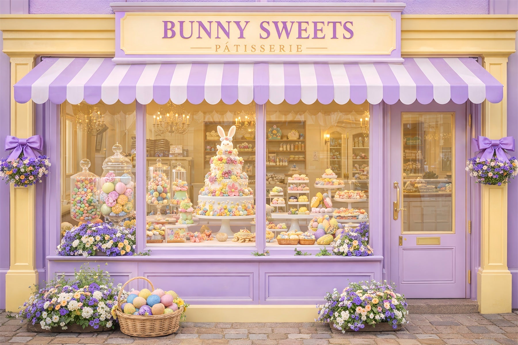 Fond Joyeuses Pâques Lapin Bonbons Magasin de bonbons Fond avec œufs de Pâques LXX512-108