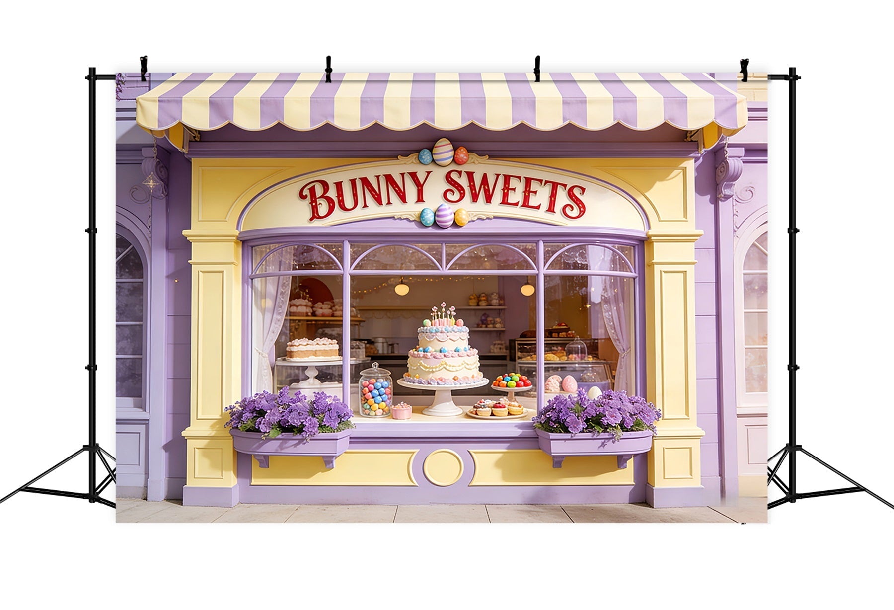 Fond avec œufs de Pâques Lapin Bonbons Gâteau Vitrine Fond Joyeuses Pâques LXX512-109