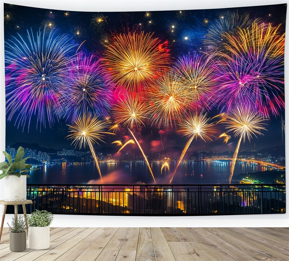 Fond pour le Nouvel An Feux d'artifice vibrants Panorama du port Fond urbain nocturne LXX512-11
