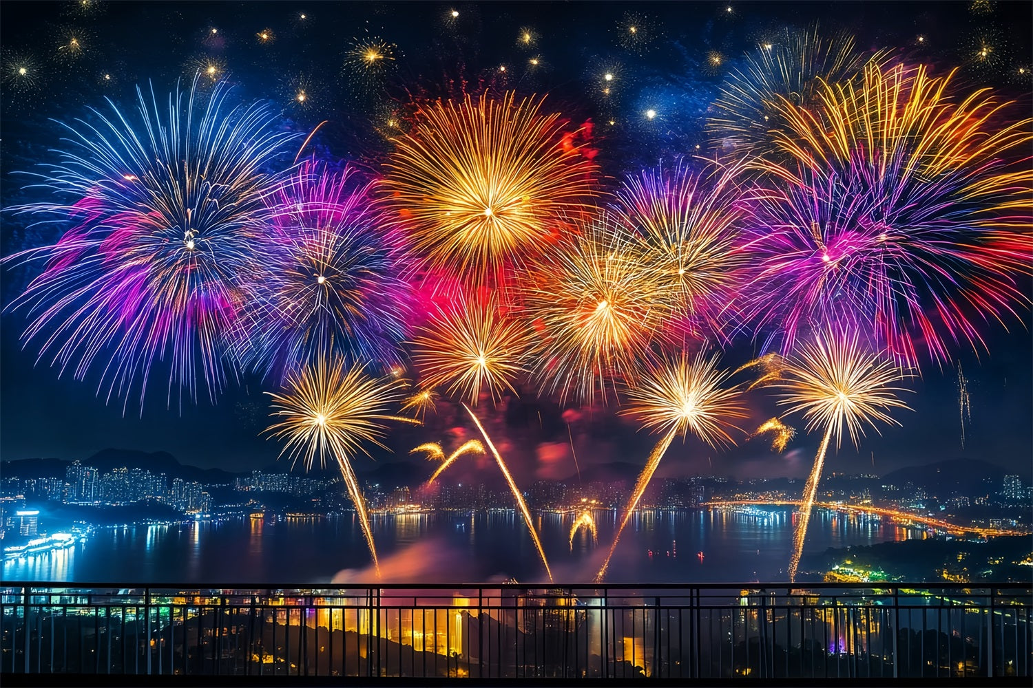 Fond pour le Nouvel An Feux d'artifice vibrants Panorama du port Fond urbain nocturne LXX512-11