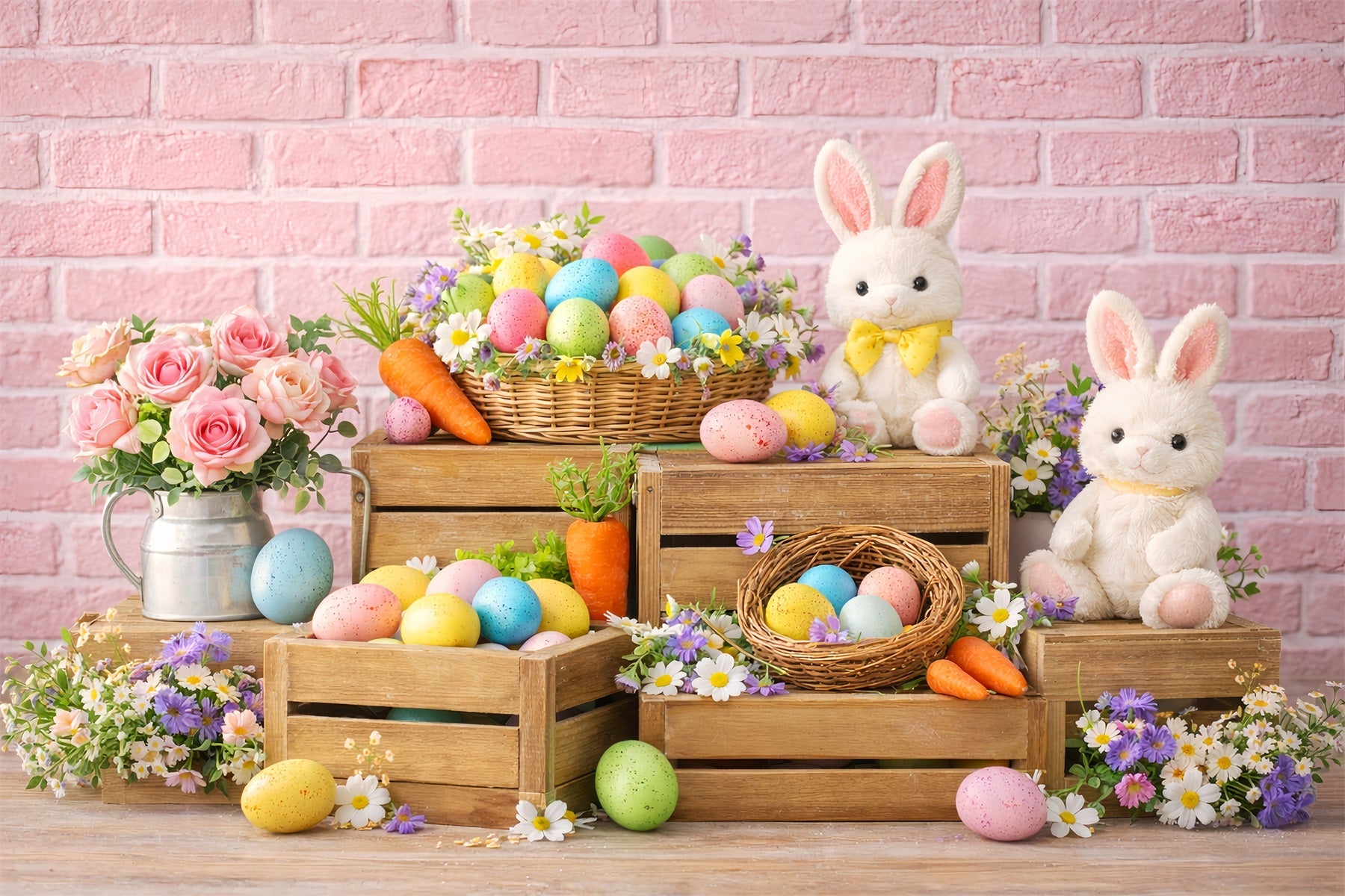 Fond lapin, carottes, caisse en bois, œufs de Pâques LXX512-110