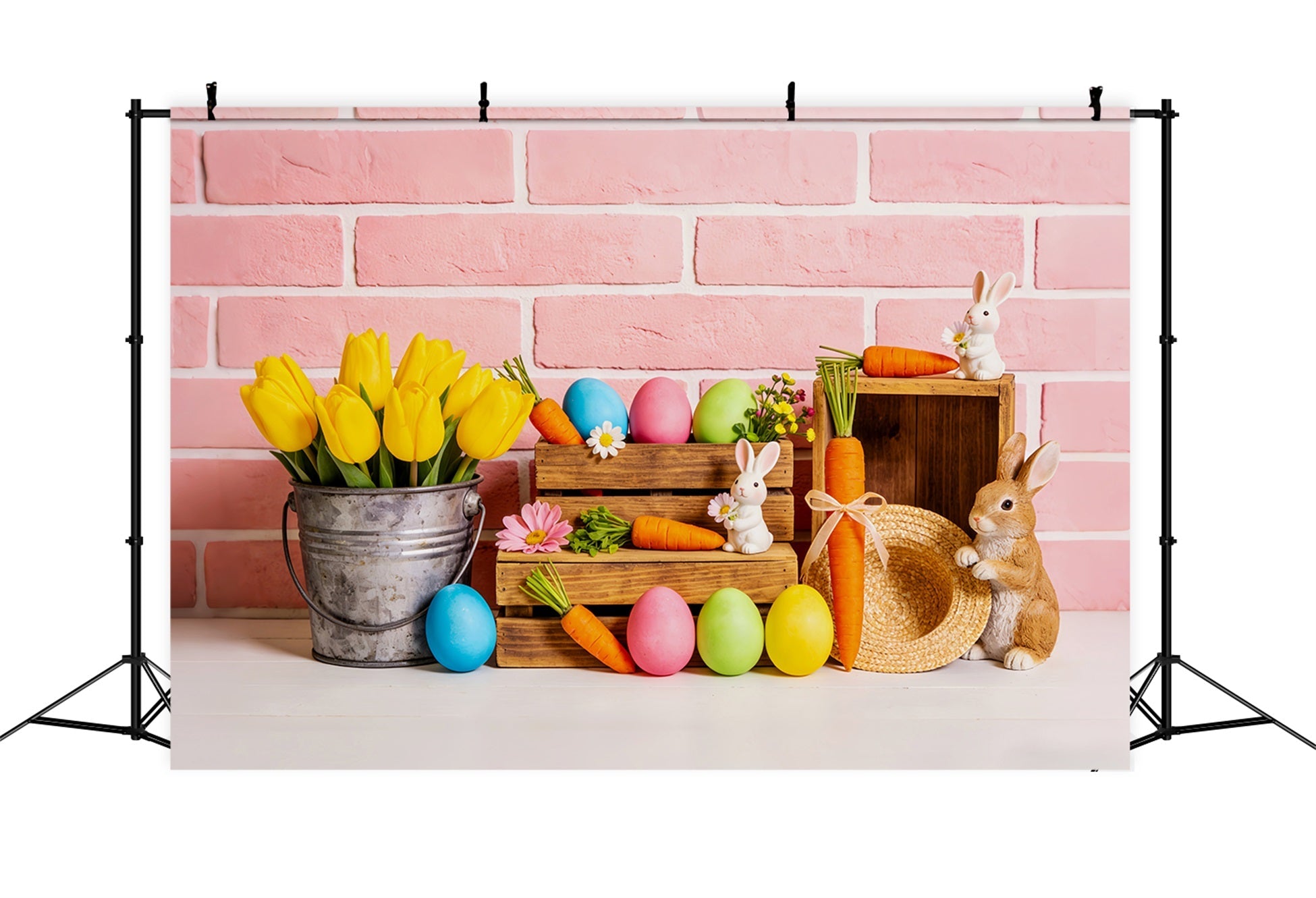 Fond Pierre Lapin, seau de tulipes, carottes, lapin, œufs de Pâques LXX512-111