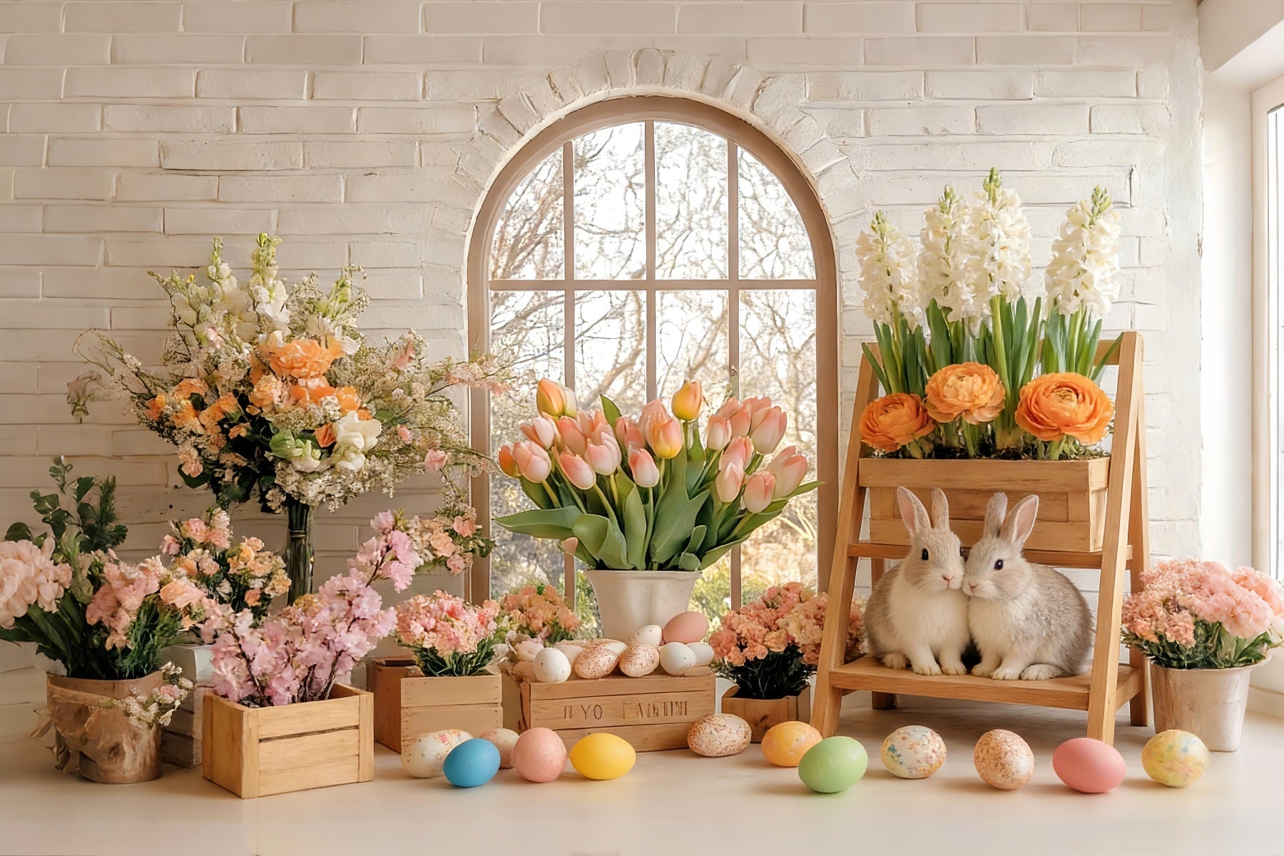 Fond tulipes Lapin printanier ensoleillé Fleurs Studio Fond Peter Rabbit LXX512-113