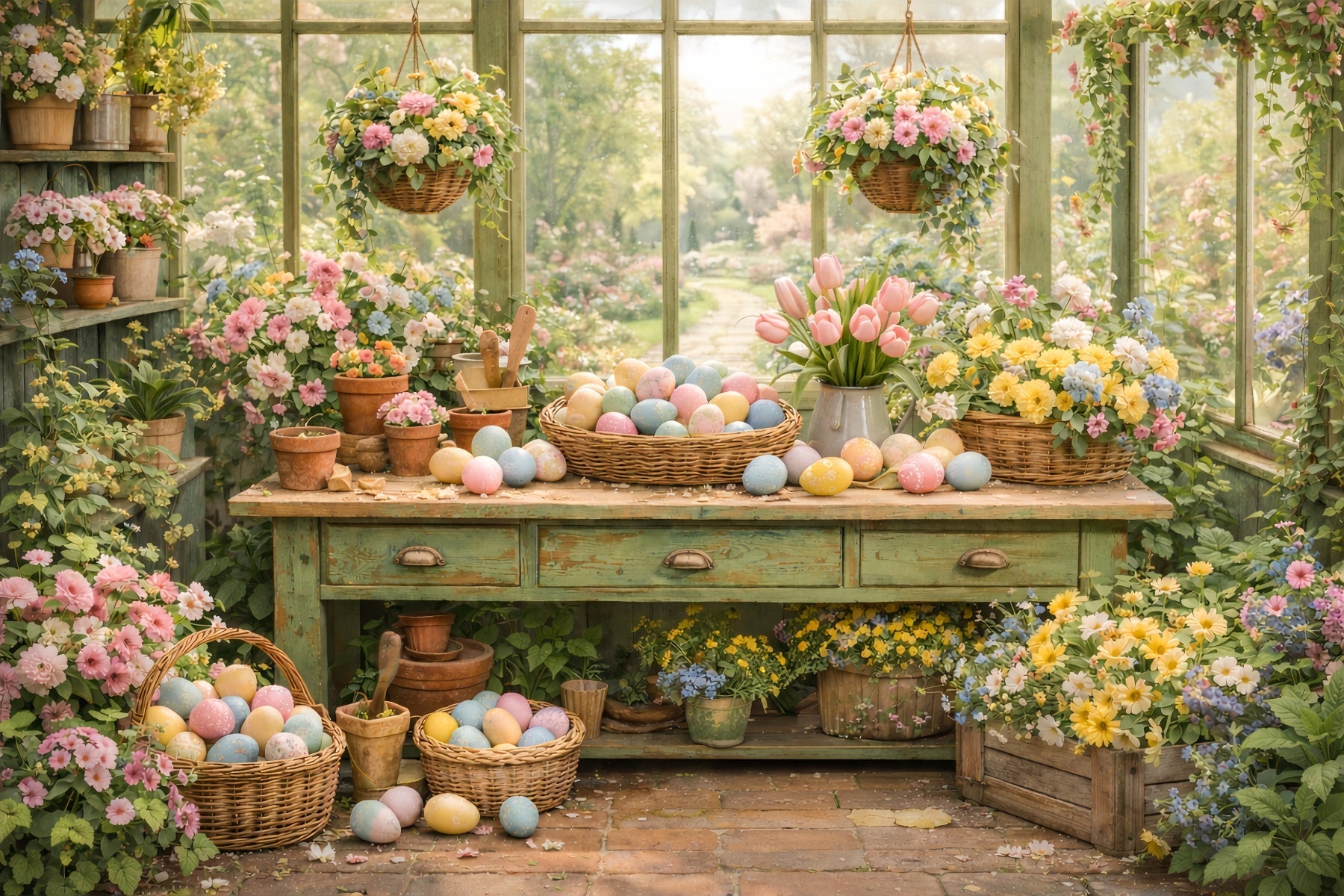 Fond panier de Pâques Serre Jardin Fleurs Table Œufs de Pâques Fond LXX512-115