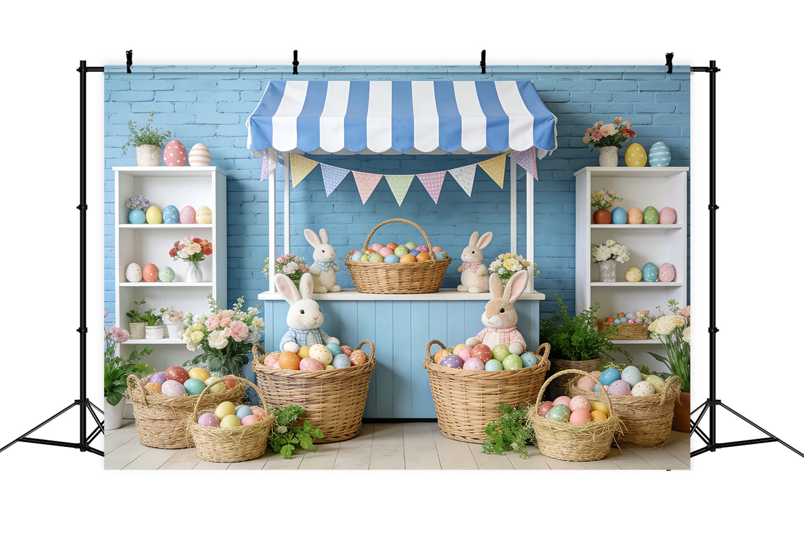 Fond lapin à rayures bleues Étal de marché Fond photo de Pâques LXX512-118