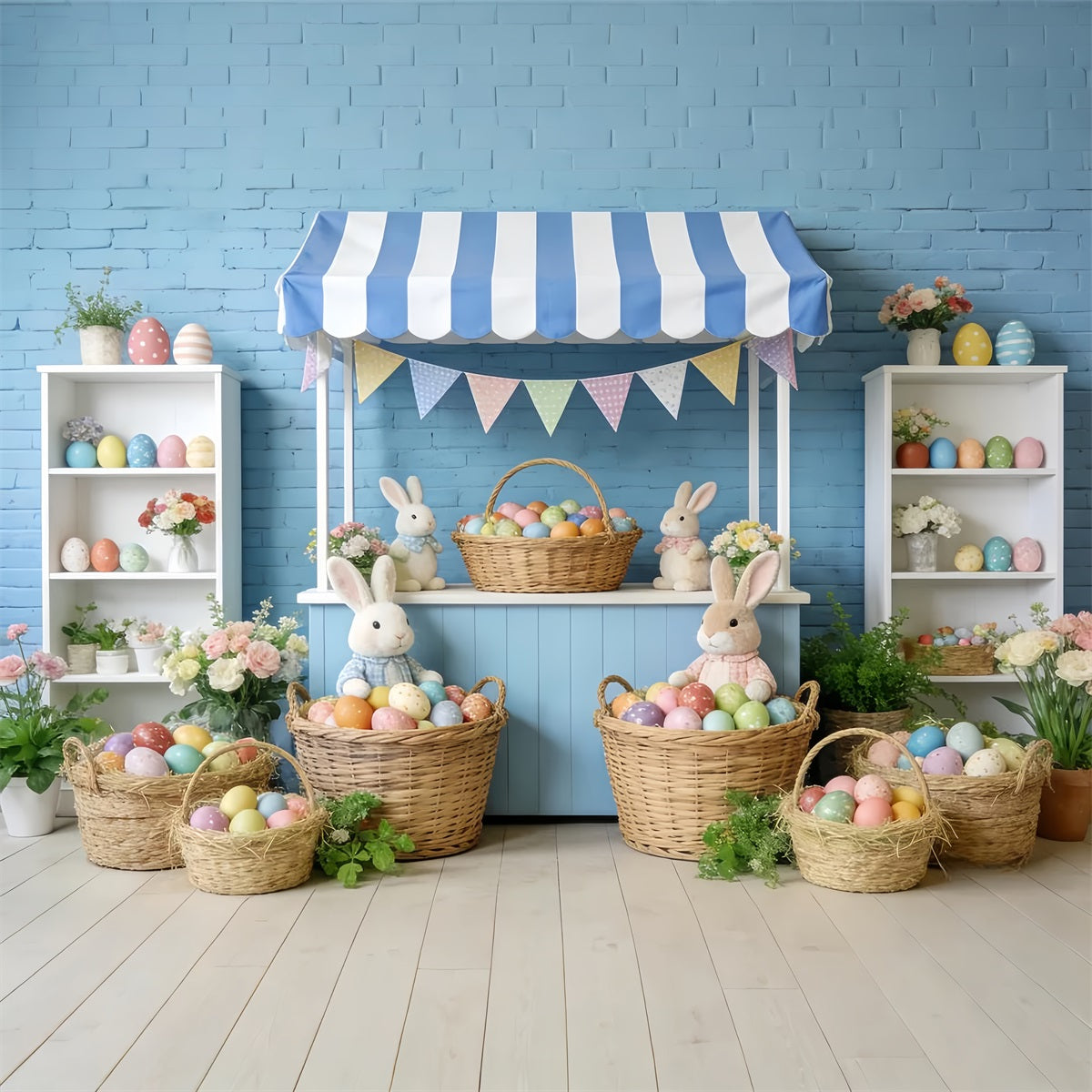 Fond lapin à rayures bleues Étal de marché Fond photo de Pâques LXX512-118