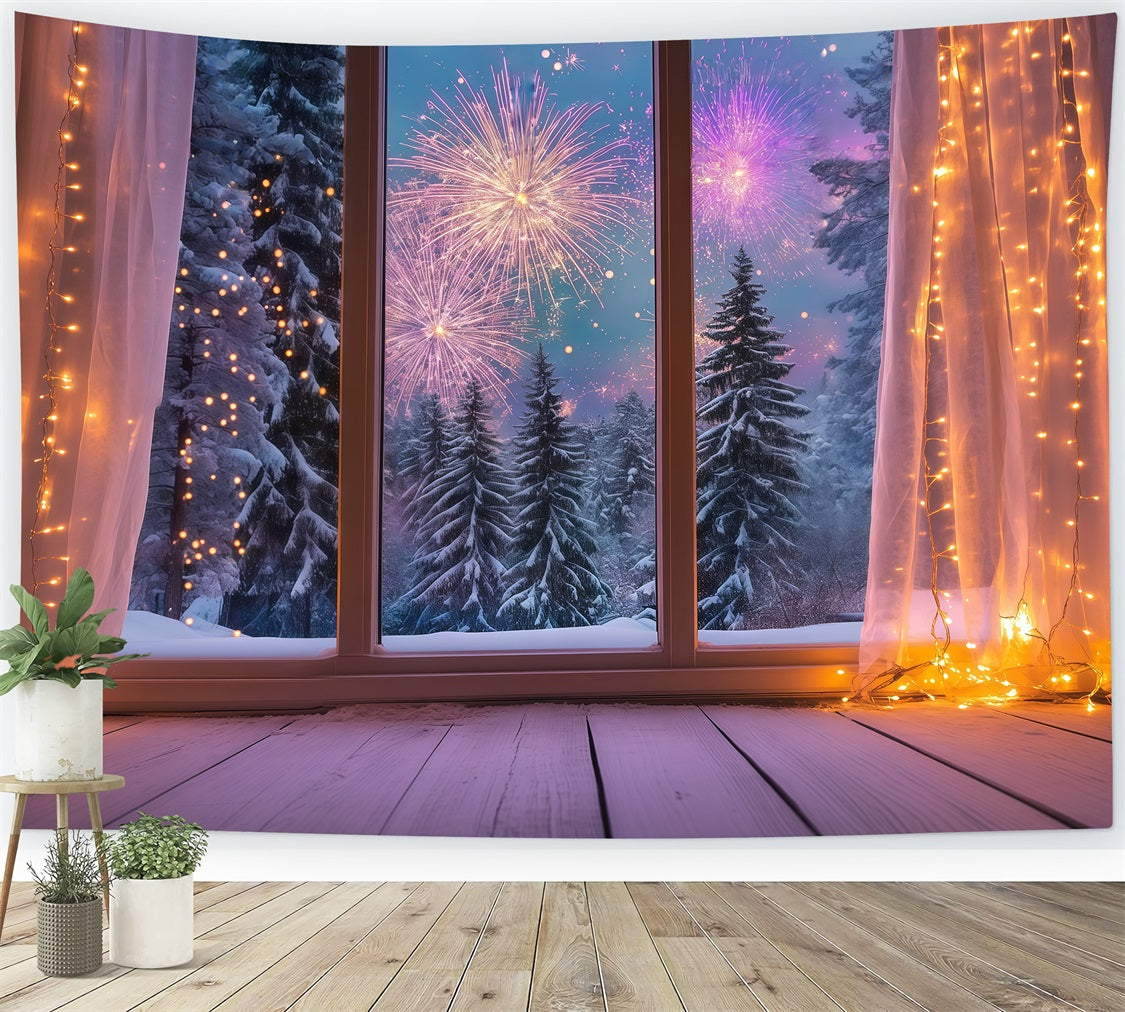 Fond pour le Nouvel An Fenêtre hivernale chaleureuse Feux d'artifice Fond pour le réveillon du Nouvel An LXX512-12