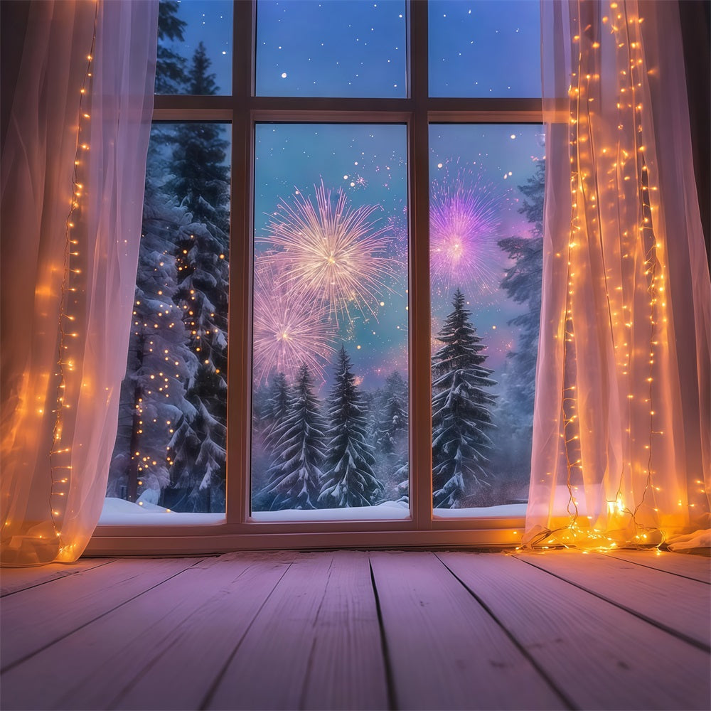Fond pour le Nouvel An Fenêtre hivernale chaleureuse Feux d'artifice Fond pour le réveillon du Nouvel An LXX512-12