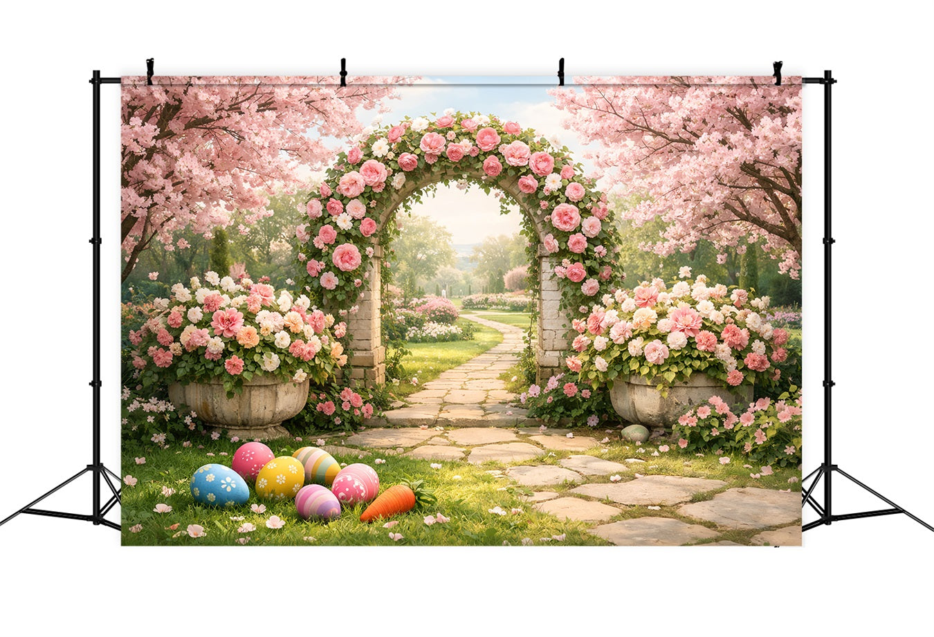Fond chasse aux œufs de Pâques Arcade de roses en fleurs Fond de Pâques LXX512-122