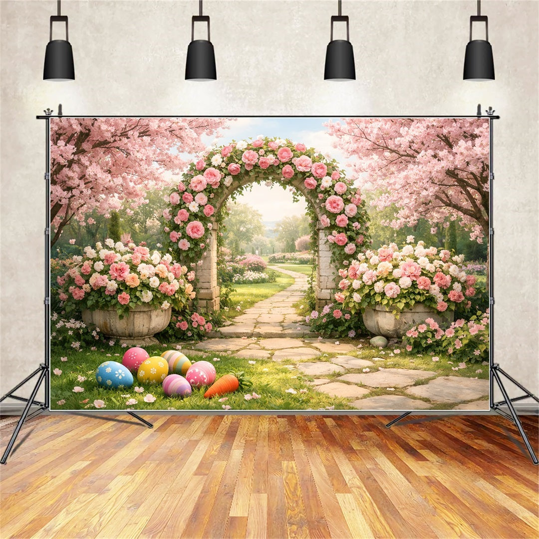 Fond chasse aux œufs de Pâques Arcade de roses en fleurs Fond de Pâques LXX512-122