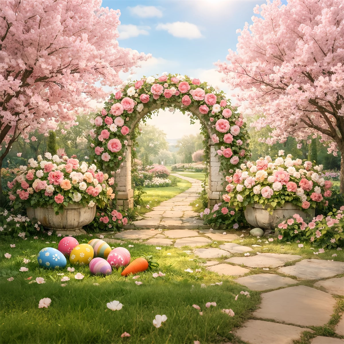 Fond chasse aux œufs de Pâques Arcade de roses en fleurs Fond de Pâques LXX512-122
