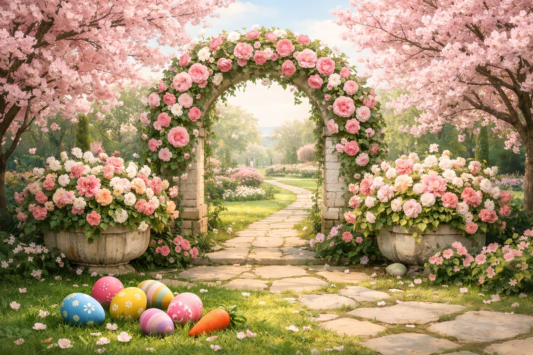 Fond chasse aux œufs de Pâques Arcade de roses en fleurs Fond de Pâques LXX512-122