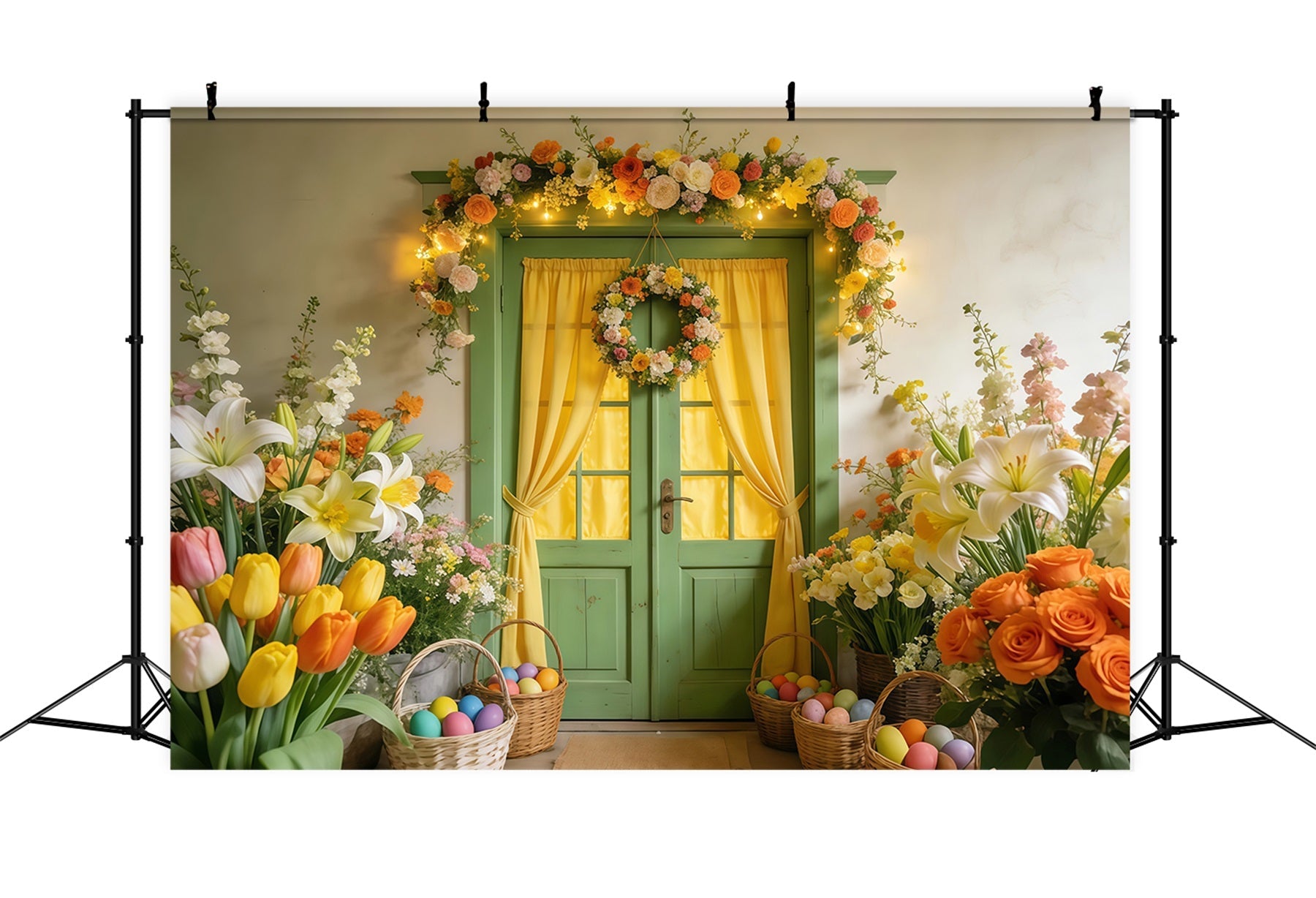 Fond tulipes Porte verte Couronne florale Fond œufs de Pâques lumineux LXX512-124