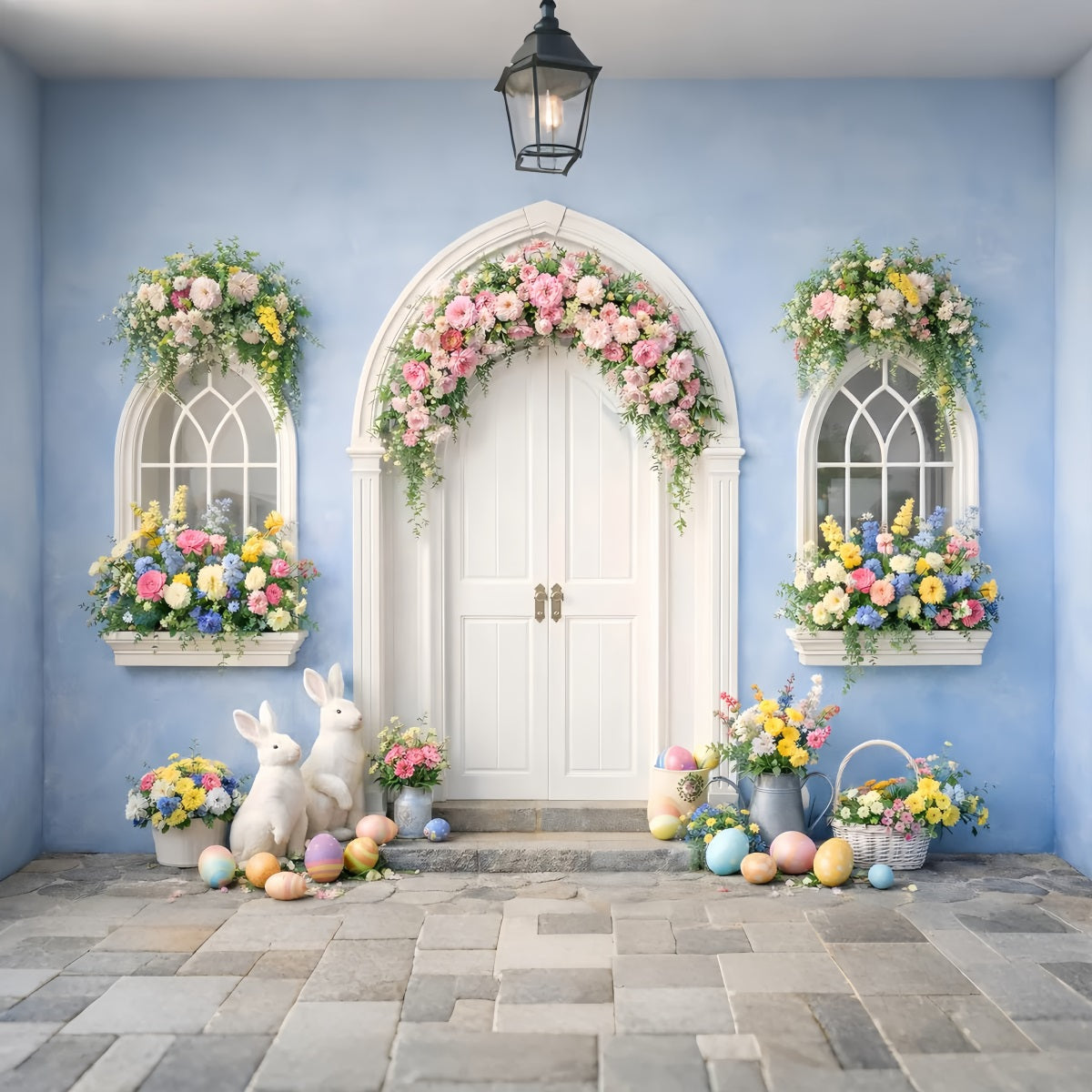Fond de photo de Pâques Arche bleue Lapin floral Porte Fond de Pâques Œufs LXX512-129