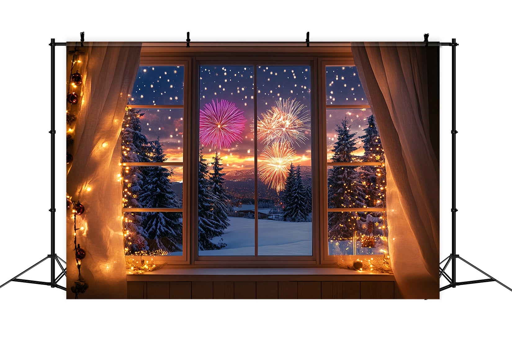 Fond photo pour le Nouvel An Fenêtre enneigée en hiver Forêt Fond feux d'artifice LXX512-13